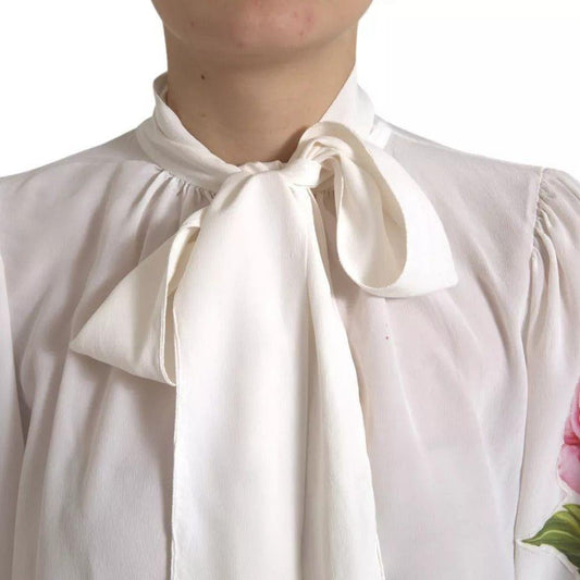 Dolce & Gabbana White Floral Silk Ascot Collared Top Blouse Dolce & Gabbana Light Gray