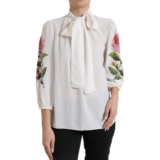 Dolce & Gabbana White Floral Silk Ascot Collared Top Blouse Dolce & Gabbana Light Gray