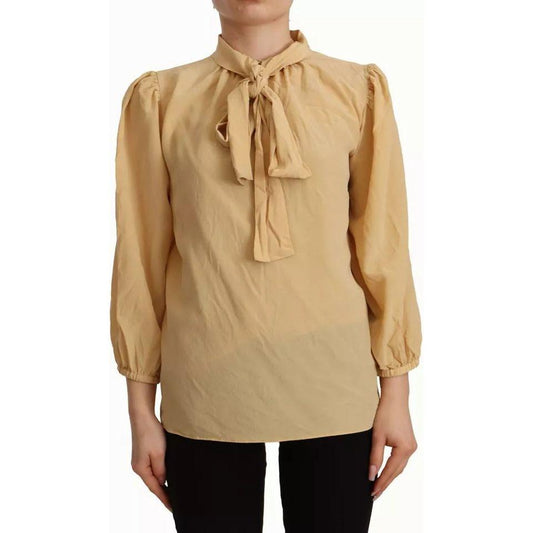 Dolce & Gabbana Mustard Ascot Collar Shirt Silk Blouse Top Dolce & Gabbana Dark Khaki