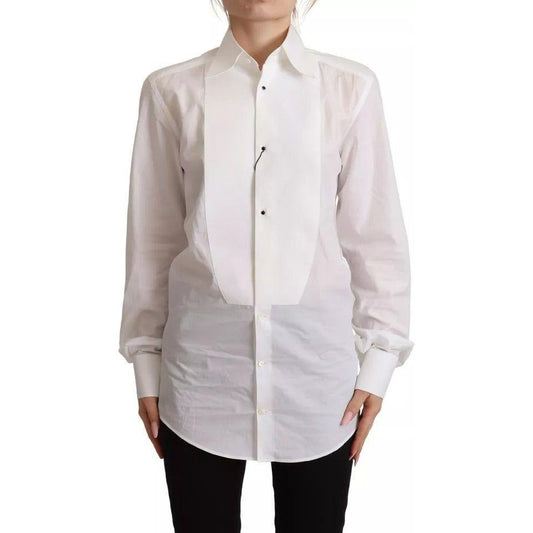 Dolce & Gabbana White Cotton Dress Collared Long Sleeves Shirt Top Dolce & Gabbana Light Gray