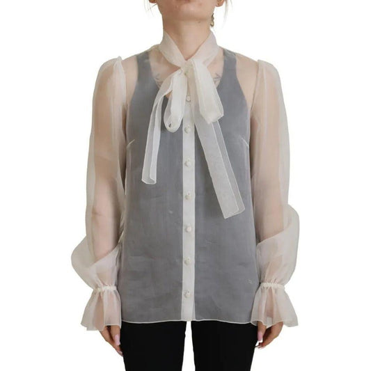 Dolce & Gabbana White Ascot Collar Long Sleeves Blouse Top Dolce & Gabbana Rosy Brown