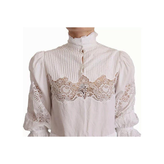 Dolce & Gabbana White Cotton Lace Trim Turtle Neck Blouse Top Dolce & Gabbana Light Gray
