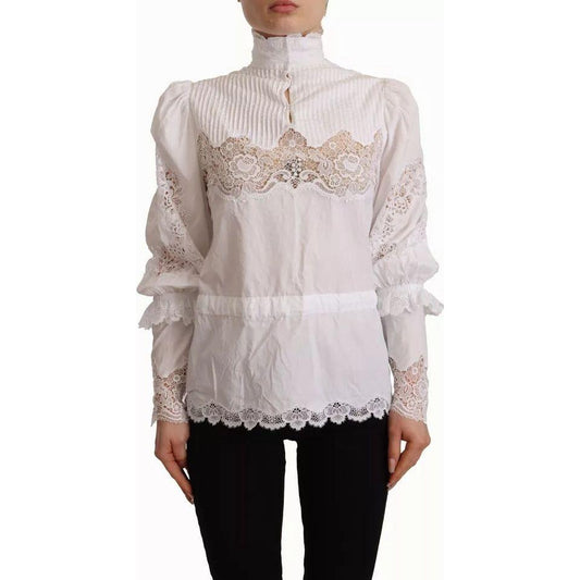 Dolce & Gabbana White Cotton Lace Trim Turtle Neck Blouse Top Dolce & Gabbana Light Gray