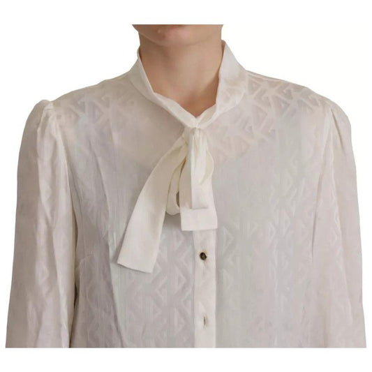 Dolce & Gabbana White Patterned Silk Ascot Collar Blouse Top Dolce & Gabbana Gray