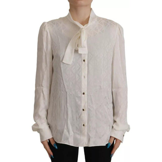 Dolce & Gabbana White Patterned Silk Ascot Collar Blouse Top Dolce & Gabbana Dark Gray