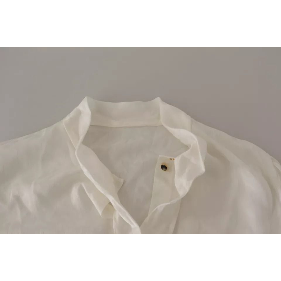 Dolce & Gabbana White Patterned Silk Ascot Collar Blouse Top