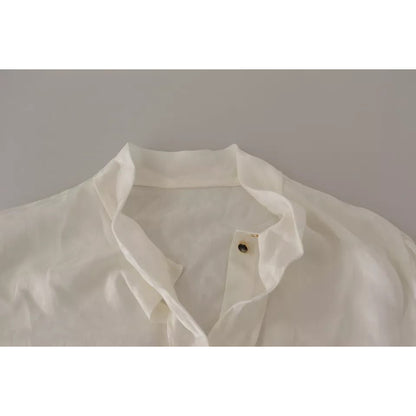 Dolce & Gabbana White Patterned Silk Ascot Collar Blouse Top
