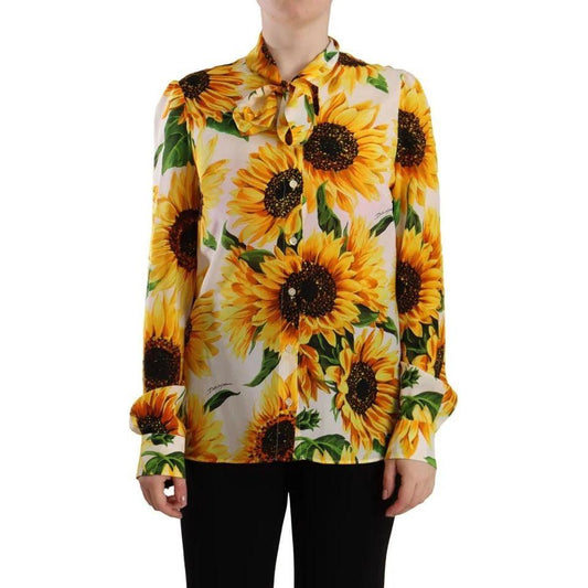 Dolce & Gabbana White Sunflower Silk Ascot Collar Blouse Top Dolce & Gabbana Goldenrod