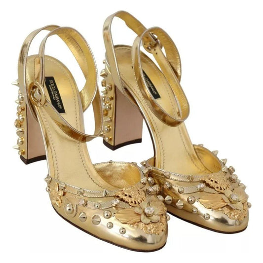 Dolce & Gabbana Dolce & Gabbana Gold Studs Vally Slingback Sandals Shoes LA8939-36 1728,67345645728,Dolce & Gabbana,EU36/US5.5,Gold,Material: 100% Leather,Preowned / Defect,Sandals - Women - Shoes,Shoes,Women - Shoes