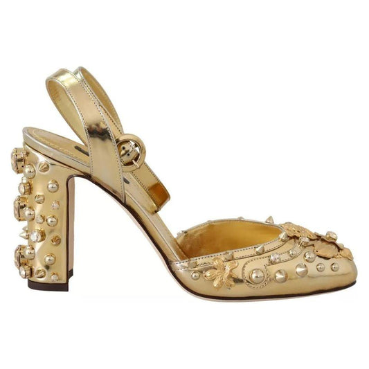 Dolce & Gabbana Dolce & Gabbana Gold Studs Vally Slingback Sandals Shoes LA8939-36 1728,67345645728,Dolce & Gabbana,EU36/US5.5,Gold,Material: 100% Leather,Preowned / Defect,Sandals - Women - Shoes,Shoes,Women - Shoes