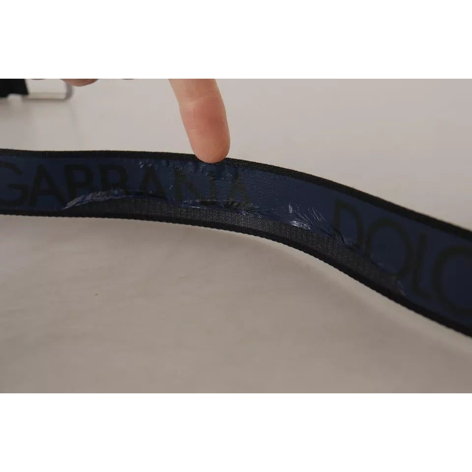 Dolce & Gabbana Blue Black Logo Print Silver Buckle Belt