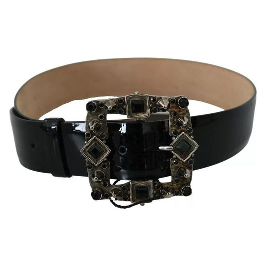 Dolce & Gabbana Black Shiny Leather Crystal Logo Buckle Belt Dolce & Gabbana Black