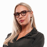 Alt Tag: Woman wearing Lozza Brown Women Glasses Frame with plastic full-rim butterfly design, shown with branded case.