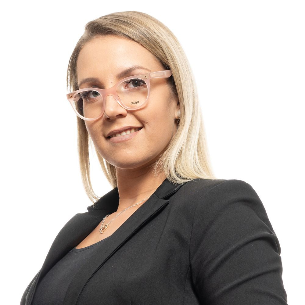 Woman wearing Maje Pink Women Glasses Frame in rose color, plastic full-rim style, size 48-21-140 with branded case.