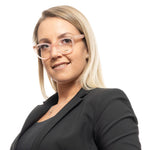 Woman wearing Maje Pink Women Glasses Frame in rose color, plastic full-rim style, size 48-21-140 with branded case.