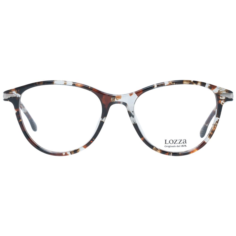 Lozza Brown Women Glasses Frame with full-rim rectangular style, plastic material, and demo lenses, includes branded case with spring hinge.