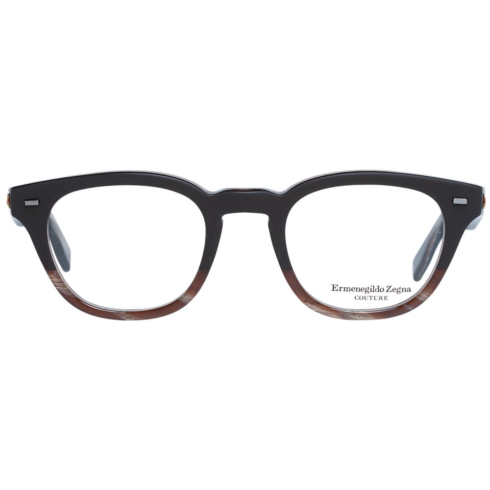 Ermenegildo Zegna Brown Men Glasses Frame, trapezium style, plastic, full-rim, 48-22-145, with brown plastic lenses and branded case.