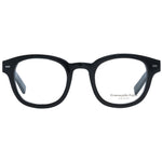 Ermenegildo Zegna Black Men Glasses Frame, full-rim round style with horn material, black color, demo lenses, size 47-23-145, includes branded case.