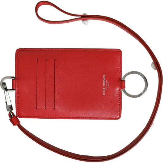 Dolce & Gabbana Red Calfskin Leather Lanyard Logo Card Holder Wallet Dolce & Gabbana Brown