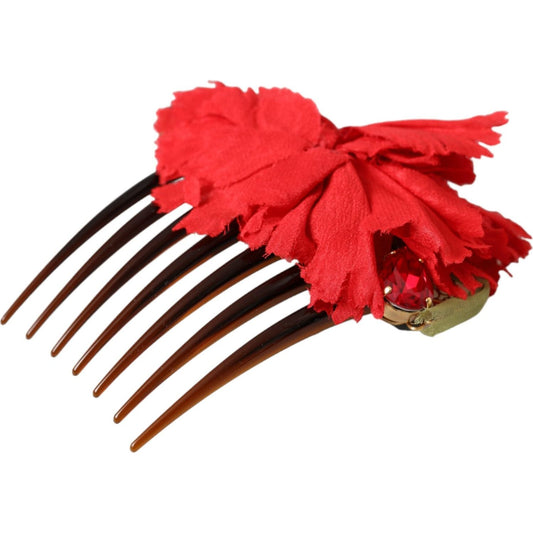 Dolce & Gabbana Red Silk Floral Gold Brass Women Hair Comb FASHION ACCESSORIES Dolce & Gabbana Firebrick