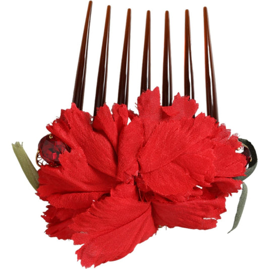 Dolce & Gabbana Red Silk Floral Gold Brass Women Hair Comb FASHION ACCESSORIES Dolce & Gabbana Firebrick