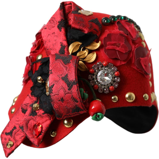 Dolce & Gabbana Red Crystal Gold Roses Brooch Embellished Hat Dolce & Gabbana Black