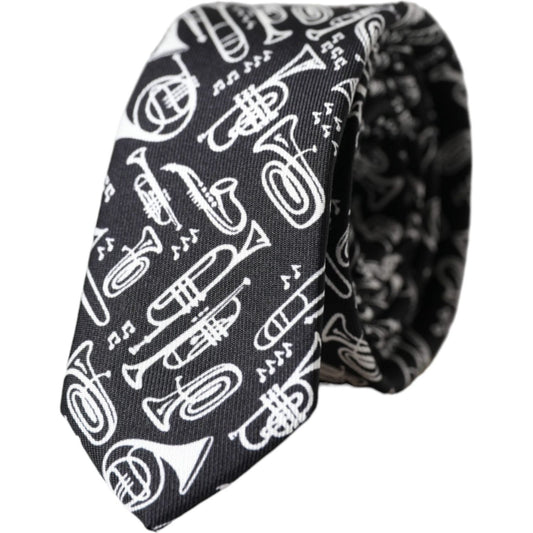Dolce & Gabbana Black Trumpet Print Silk Adjustable Tie Dolce & Gabbana Dark Slate Gray
