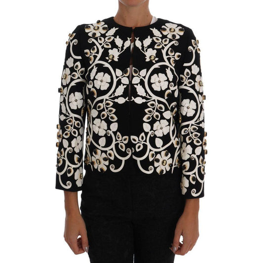 Dolce & Gabbana Floral Embroidered Crystal Wool Coat Jacket Coats & Jackets Dolce & Gabbana Black