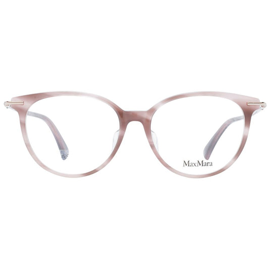 Max Mara Pink Women Glasses Frame in rose color with full-rim plastic round style and 53-16-140 size.