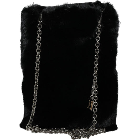 Dolce & Gabbana Black Faux Fur Silver Chain Crossbody Shoulder Purse Bag Dolce & Gabbana Black