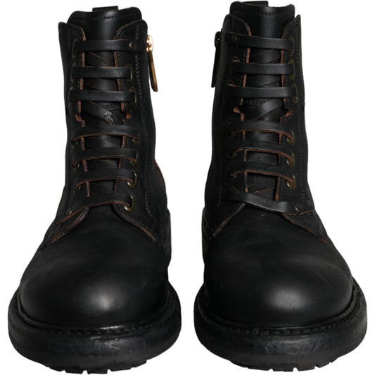 Dolce & Gabbana Black Lace Up Mid Calf Boots Men Shoes Dolce & Gabbana Black