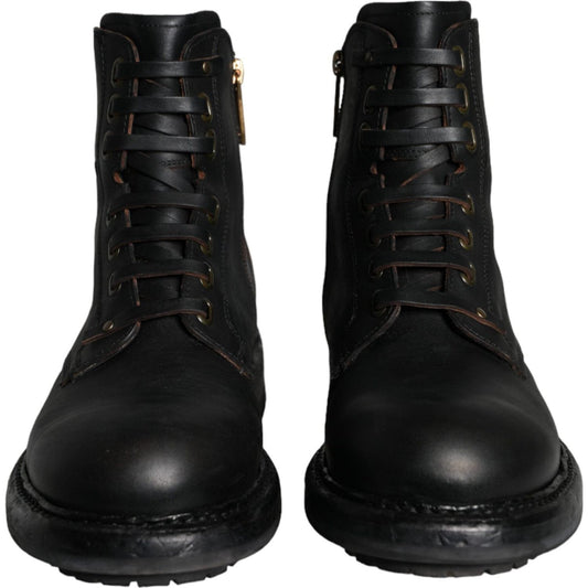 Dolce & Gabbana Black Lace Up Mid Calf Boots Men Shoes Dolce & Gabbana Black