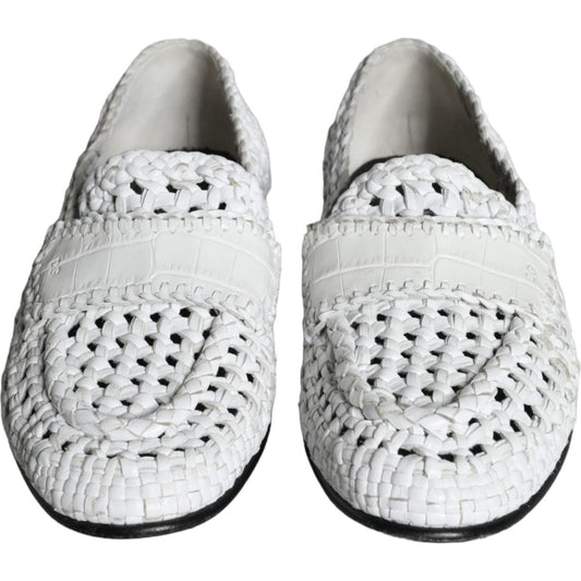 Dolce & Gabbana White Woven Leather Slip On Loafers Men Shoes Dolce & Gabbana Light Gray
