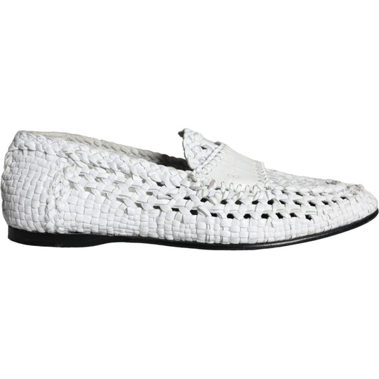 Dolce & Gabbana White Woven Leather Slip On Loafers Men Shoes Dolce & Gabbana Light Gray