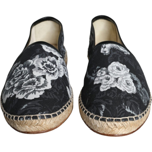 Dolce & Gabbana Black Floral Cotton Leather Espadrilles Shoes Dolce & Gabbana Gray