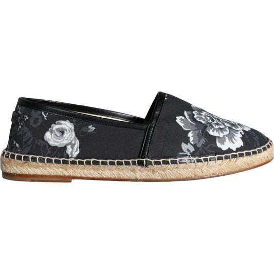 Dolce & Gabbana Black Floral Cotton Leather Espadrilles Shoes Dolce & Gabbana Gray