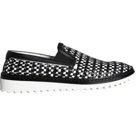 Dolce & Gabbana Black White Weaved Slip On Men Loafers Shoes Dolce & Gabbana Dark Slate Gray