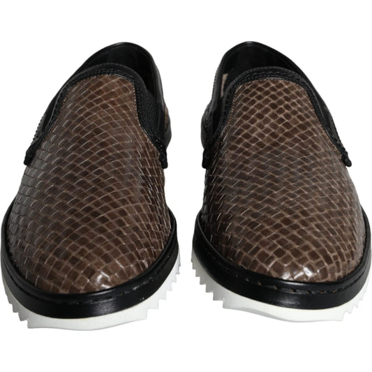 Dolce & Gabbana Brown Black Leather Weaved Men Loafers Shoes Dolce & Gabbana Dark Slate Gray