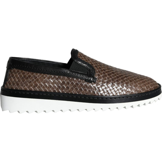 Dolce & Gabbana Brown Black Leather Weaved Men Loafers Shoes Dolce & Gabbana Dark Slate Gray