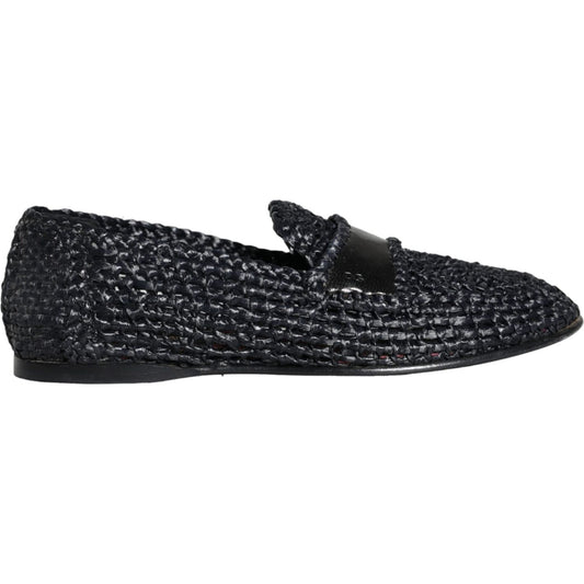 Dolce & Gabbana Black Woven Raffia Slip On Loafers Men Shoes Dolce & Gabbana Dark Slate Gray