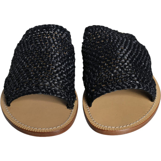 Dolce & Gabbana Black Monochrome Braided Raffia Slides Shoes Dolce & Gabbana Rosy Brown