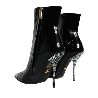 Dolce & Gabbana Black Patent Leather Crystal Heel Boots Shoes