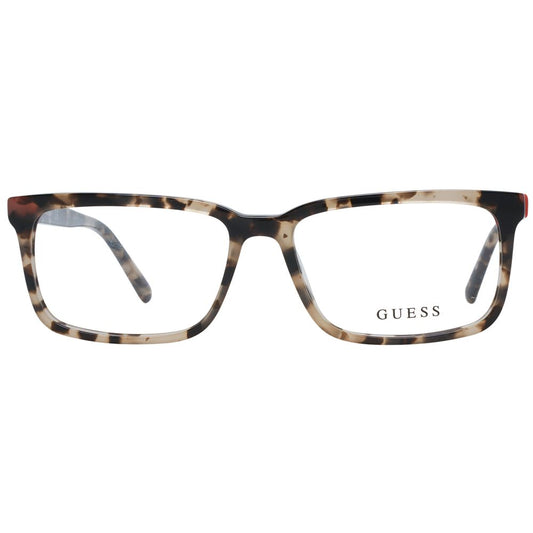 Guess Brown Men Glasses Frame in plastic full-rim style with rectangle shape, lens width 54mm, bridge width 15mm, temples length 145mm.