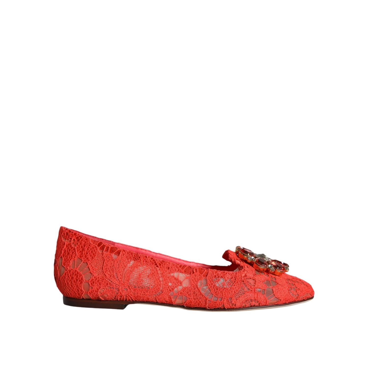 Dolce & Gabbana Coral Lace Crystal Ballet Flats Loafers Shoes