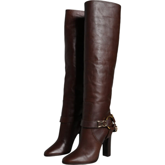 Dolce & Gabbana Brown Leather Gold Tone Logo High Boots Shoes LA11537-36