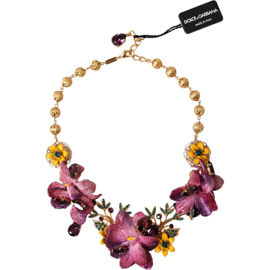 Dolce & Gabbana Gold Brass Mix Fiori Flowers Crystal Chain Necklace Necklace Dolce & Gabbana Sienna