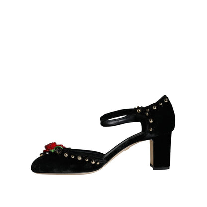 Dolce & Gabbana Black Velvet Roses Ankle Strap Pumps Shoes