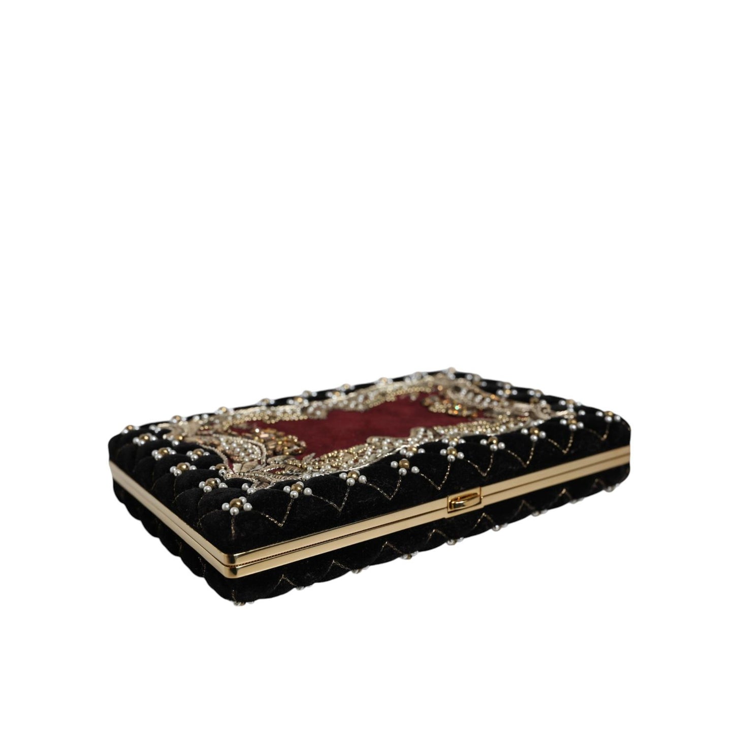 Dolce & Gabbana Bordeaux Black Velvet Gold Frame Clutch Evening Purse Bag