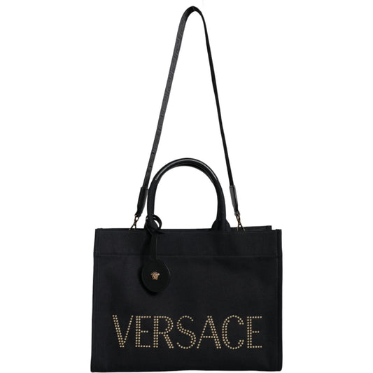 Versace Black Top Handle Canvas Leather Logo Crossbody Tote Bag Versace Black