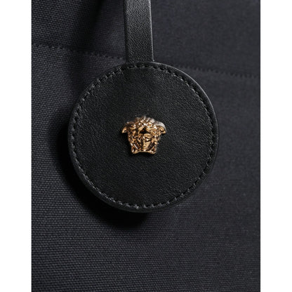 Versace Black Top Handle Canvas Leather Logo Crossbody Tote Bag